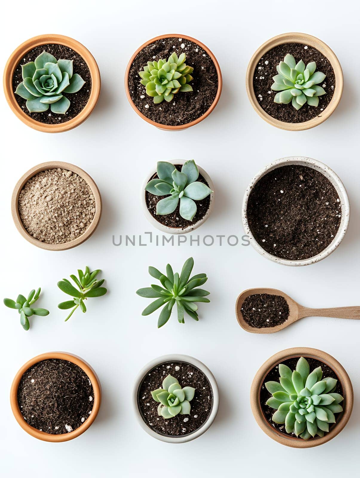 A variety of succulent plants in pots arranged on a white background, ideal for gardening and home decor themes.