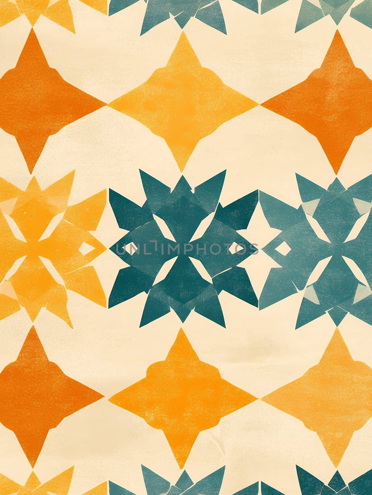 Abstract geometric pattern in orange, yellow and teal colors on beige background, featuring star shapes and repeating motifs, vintage texture effect.