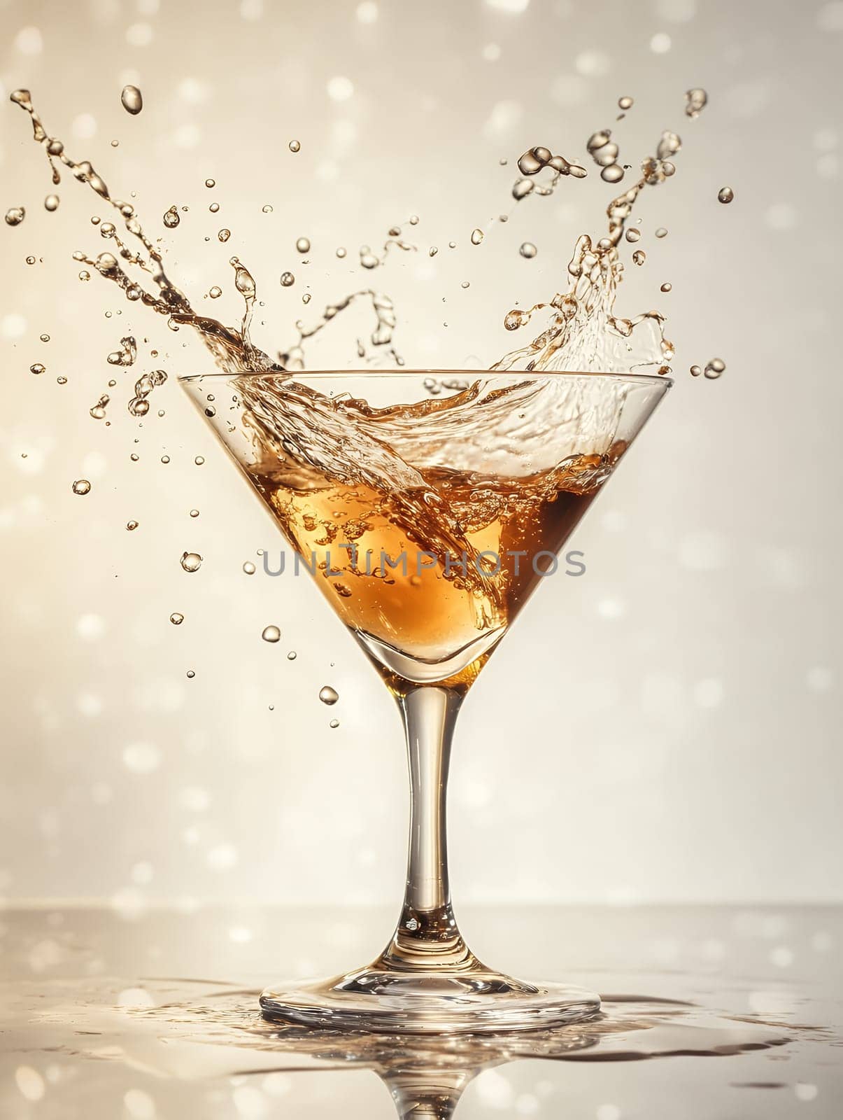 Dynamic splash of golden liquid in a martini glass captured in motion against light background with droplets and dramatic movement.