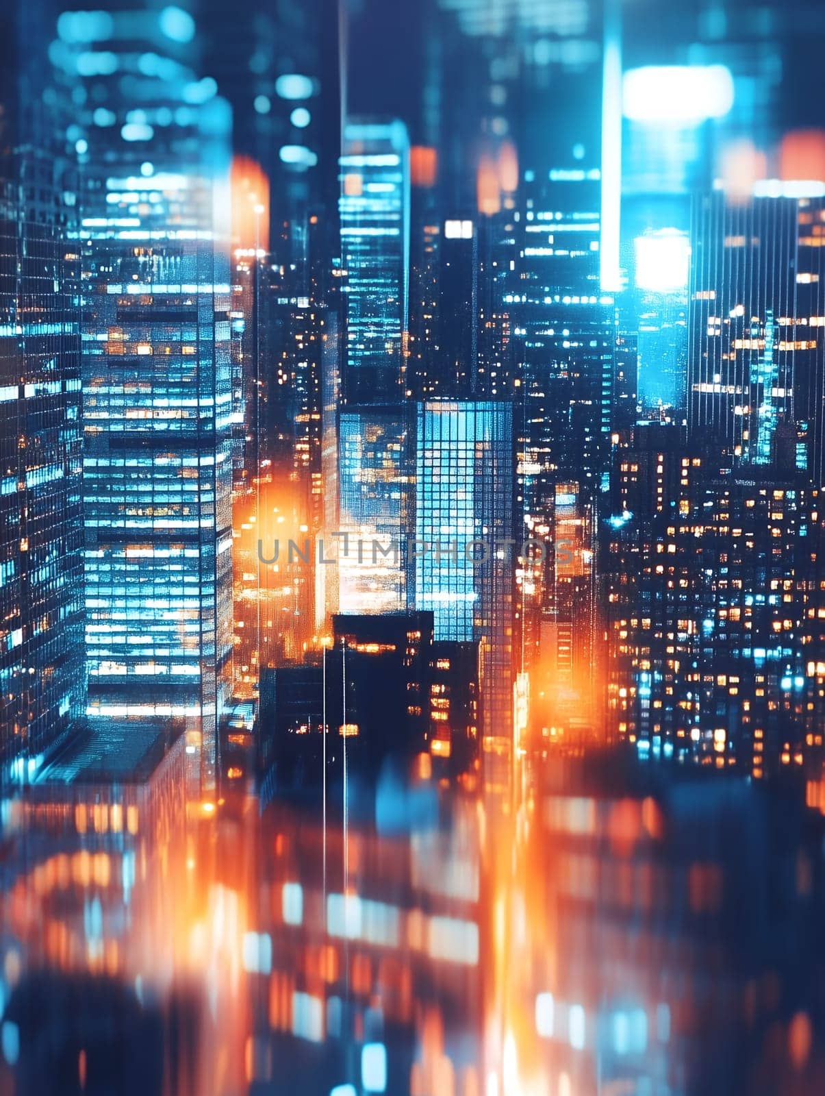 A dynamic cityscape illuminated with vibrant lights reflecting the bustling energy and modern architecture.