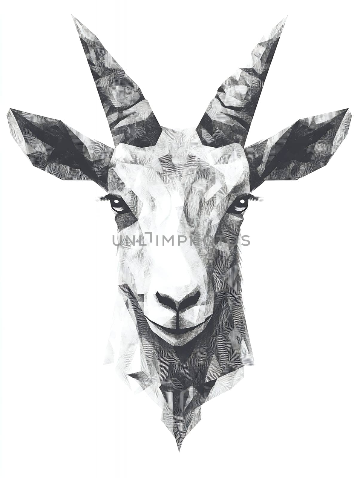 Black and white geometric art of goat head with detailed line work and artistic cross hatching on white background, modern minimalist animal illustration.