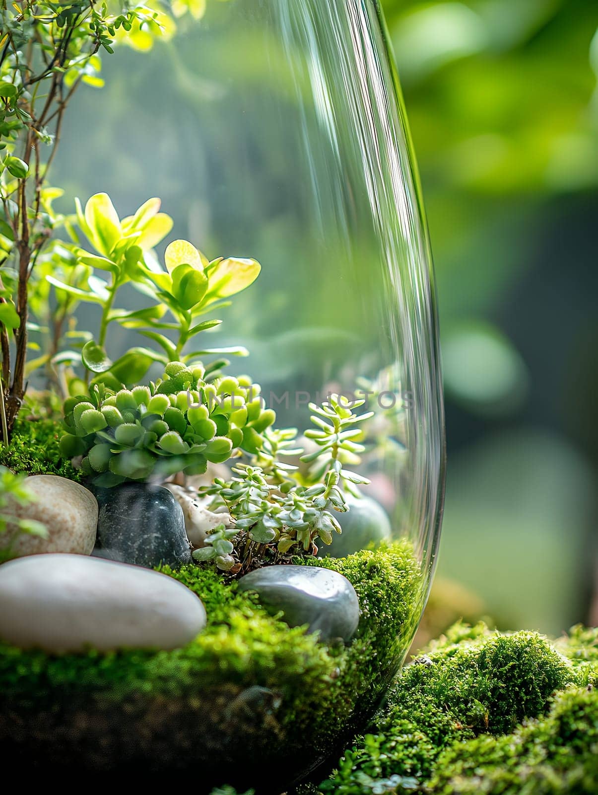 A lush terrarium filled with vibrant succulents and moss, showcasing a miniature ecosystem in a glass vessel.