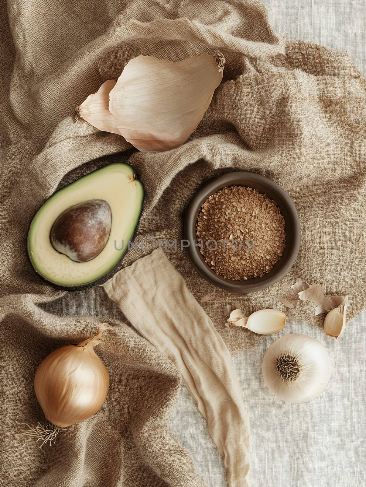 Natural ingredients like avocado, onion, and garlic placed on a rustic burlap fabric, ideal for organic cooking themes.