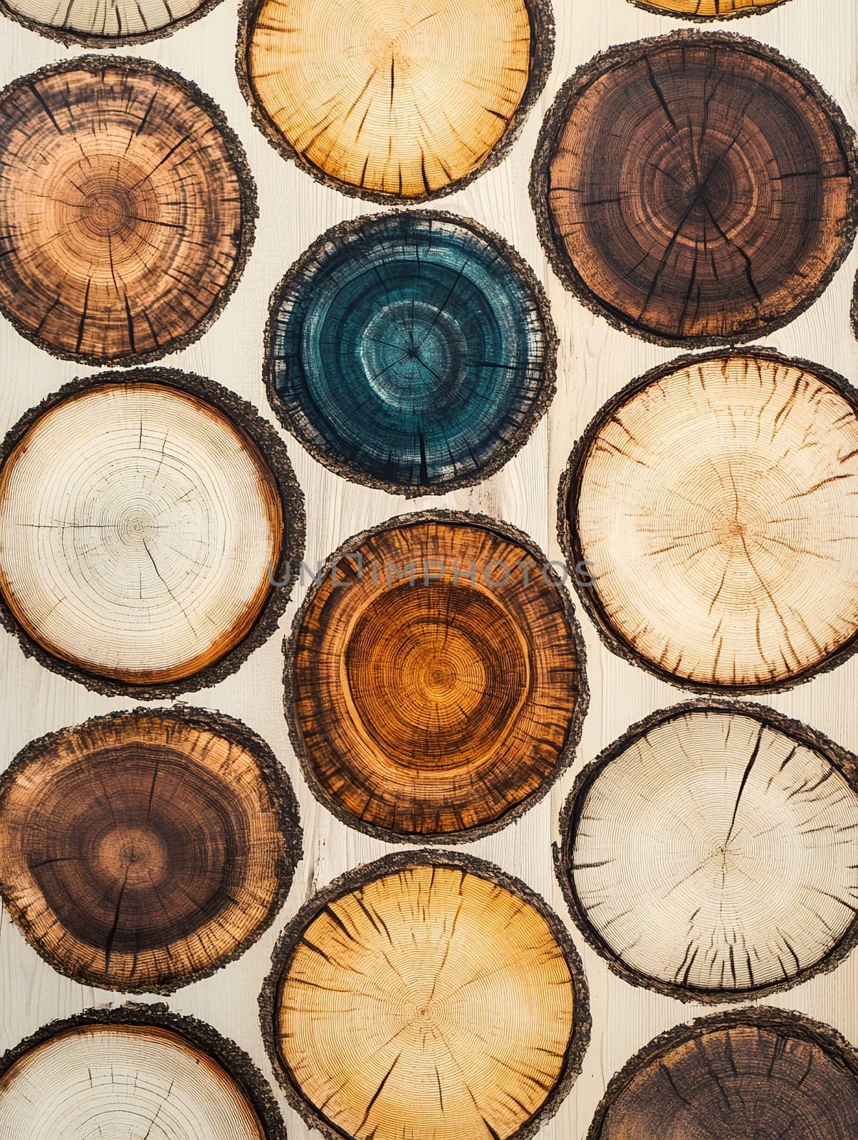 Collection of wooden tree rings cross sections in various colors and sizes arranged on white background, showing natural growth pattern.