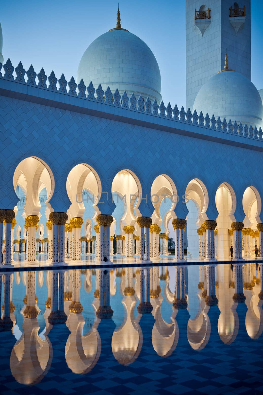 Beautiful gallery of famous Sheikh Zayed White Mosque in Abu Dhabi, UAE at night