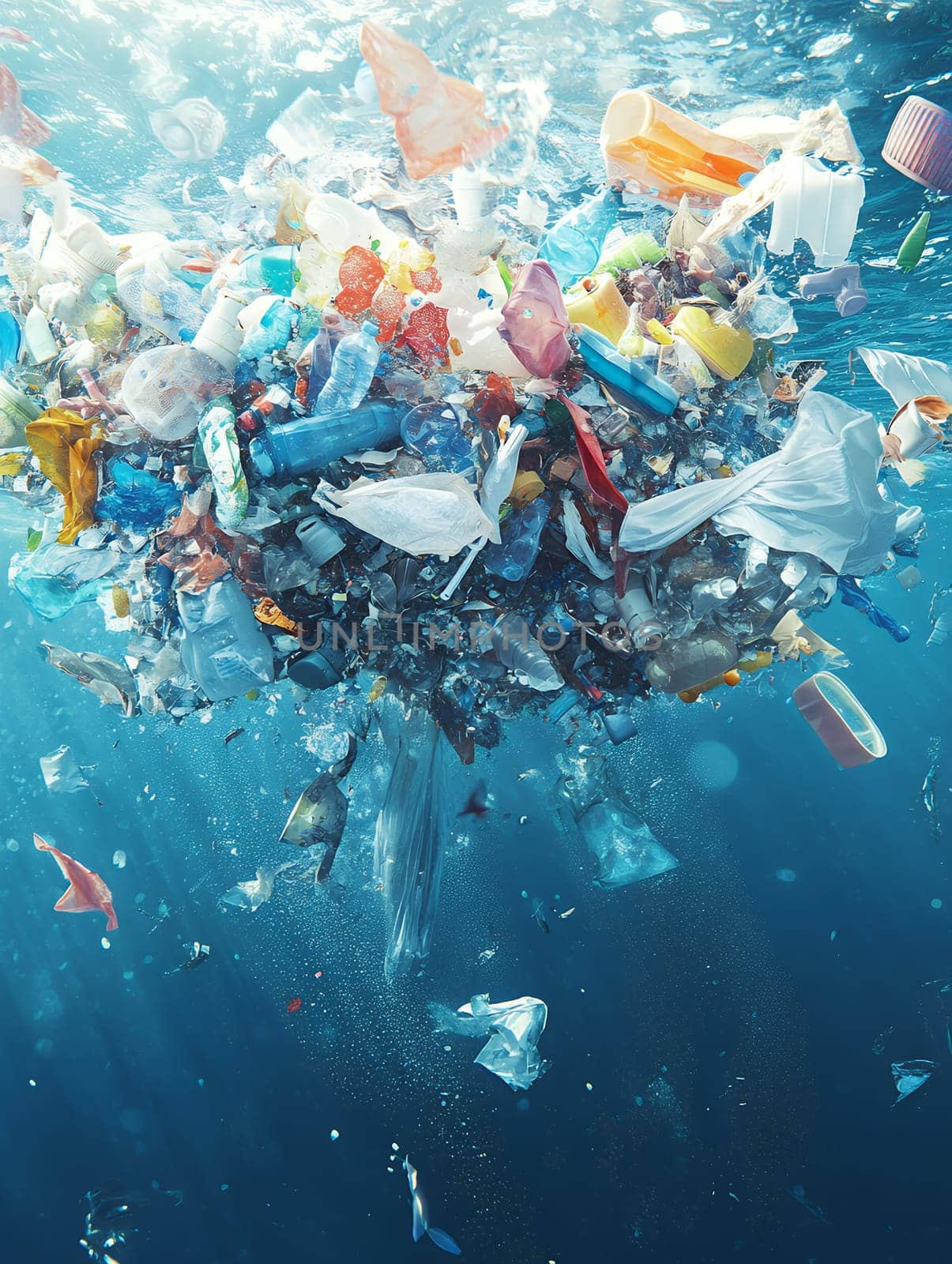 Underwater view of plastic waste pollution floating in ocean waters, environmental problem concept showing various plastic debris.