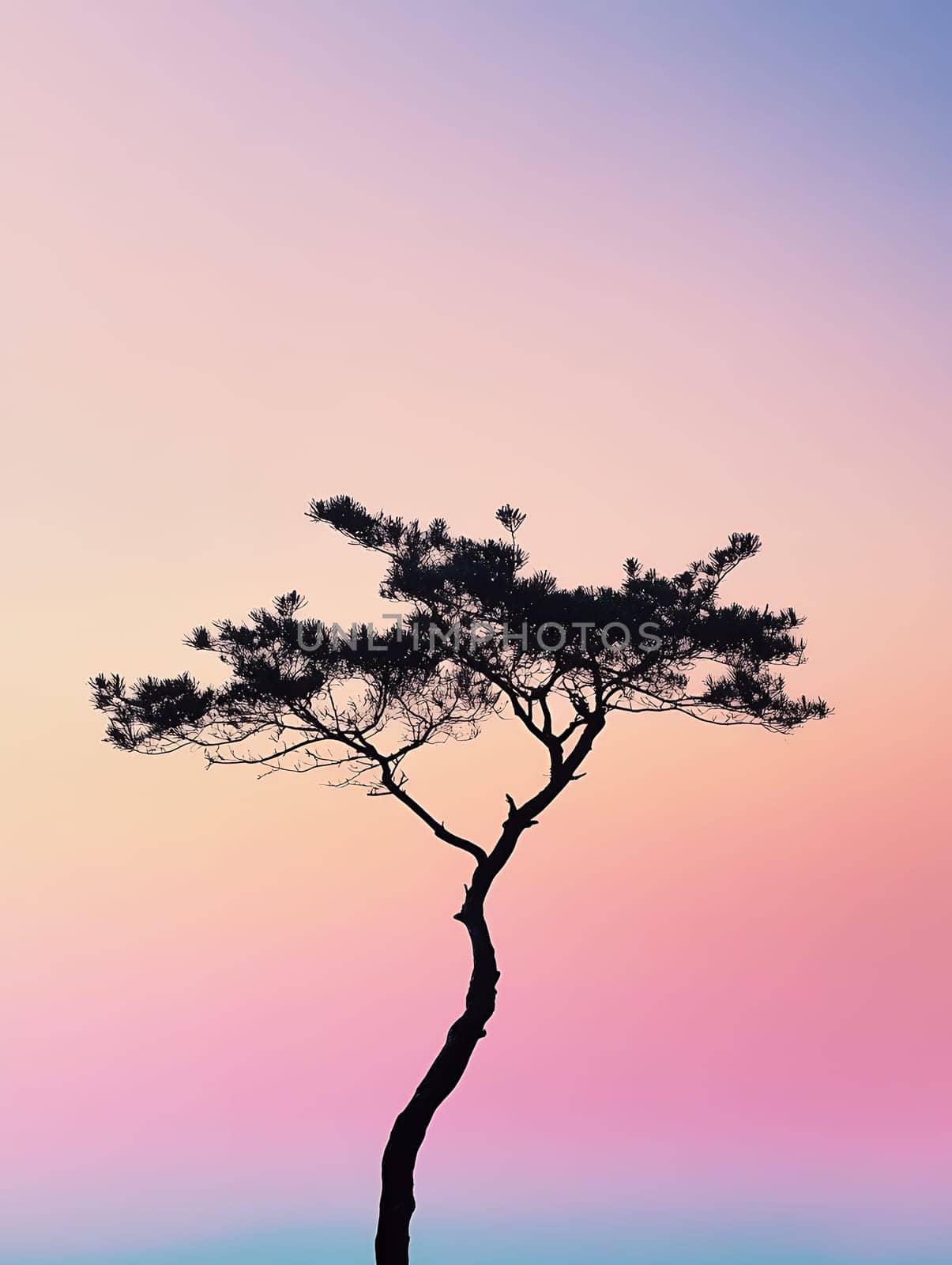 Minimalist landscape with single tree silhouette against gradient purple and pink sunset sky with copy space.