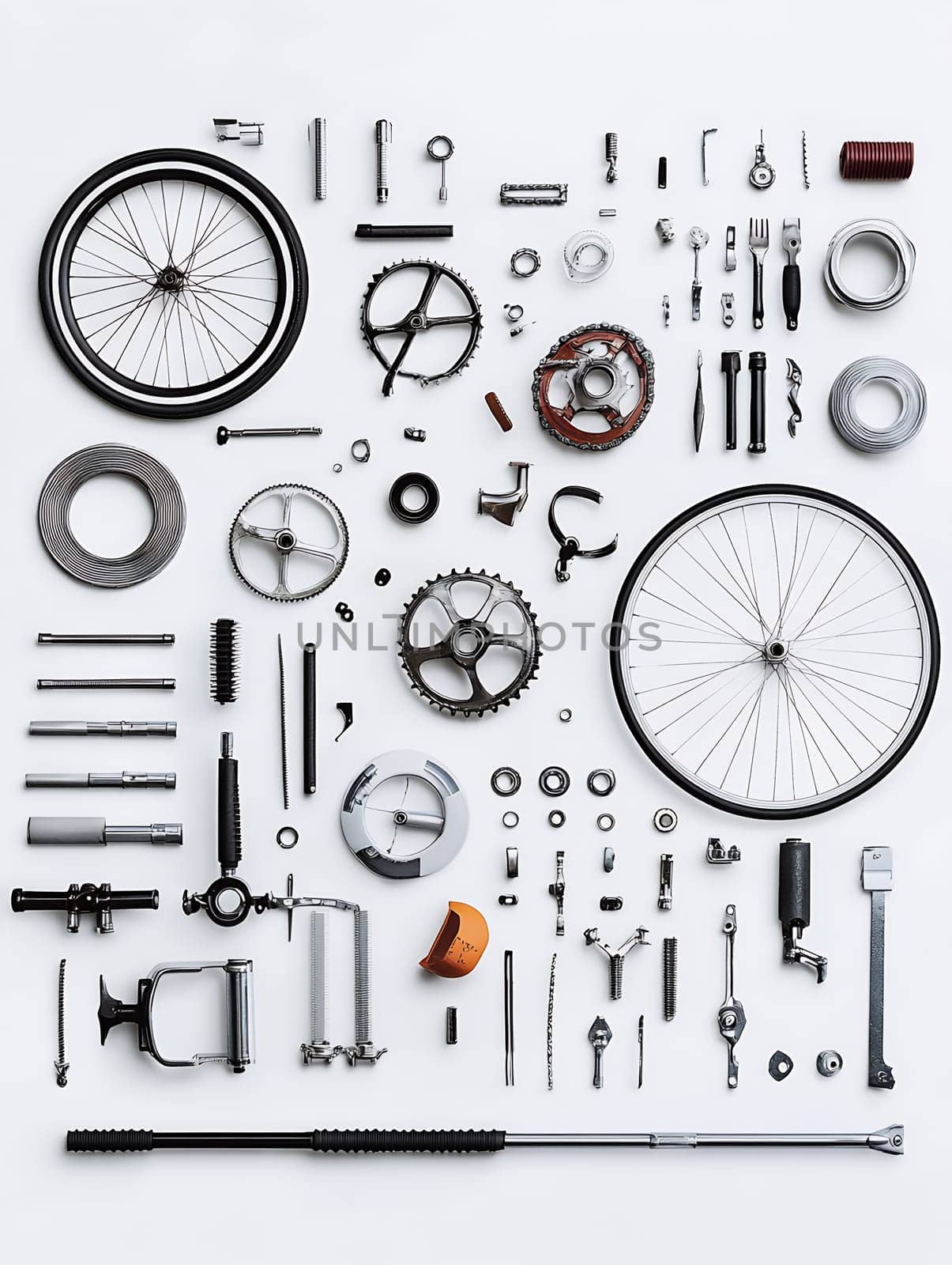 Organized layout of disassembled bicycle parts including wheels, gears, chains and tools on white background, representing mechanical engineering concept.