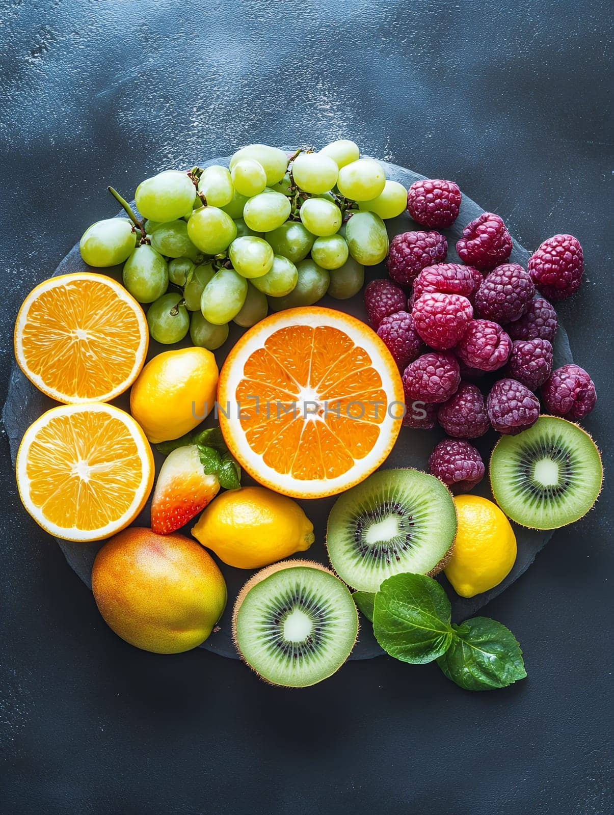 Vibrant assortment of fresh fruits including oranges, kiwi, raspberries, grapes and mango on dark background, healthy eating concept.