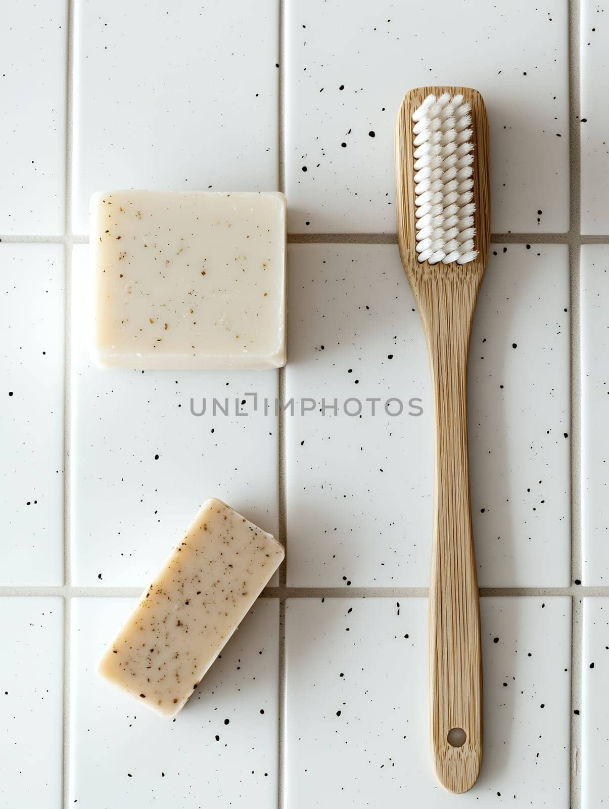 A bamboo toothbrush paired with natural soaps on a speckled tile surface, promoting sustainable hygiene.
