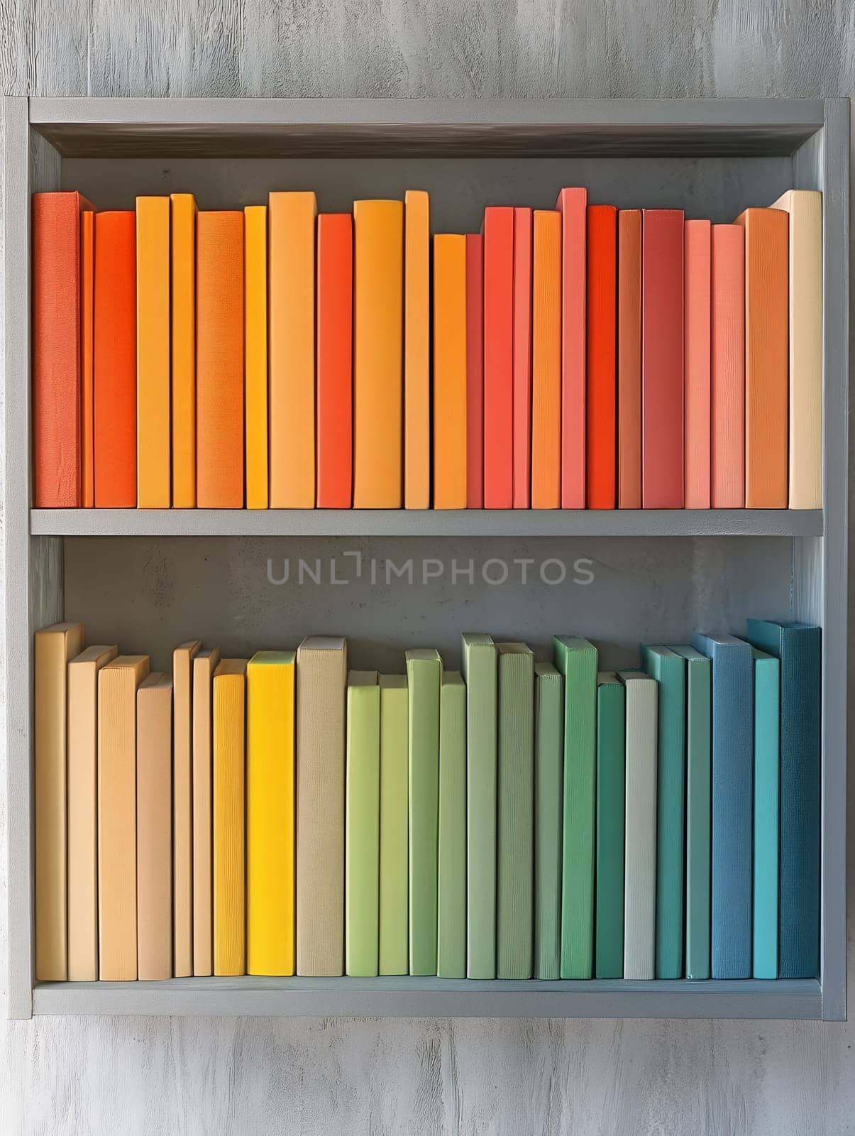 Aesthetically arranged books in spectrum order from orange to green and blue tones on gray shelves, creating a satisfying rainbow gradient display.