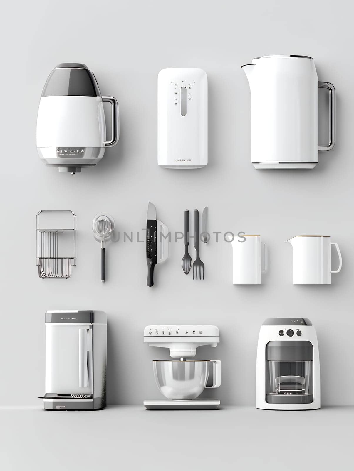 Minimalist white kitchen appliances and utensils organized on gray background, modern home equipment flat lay with copy space.