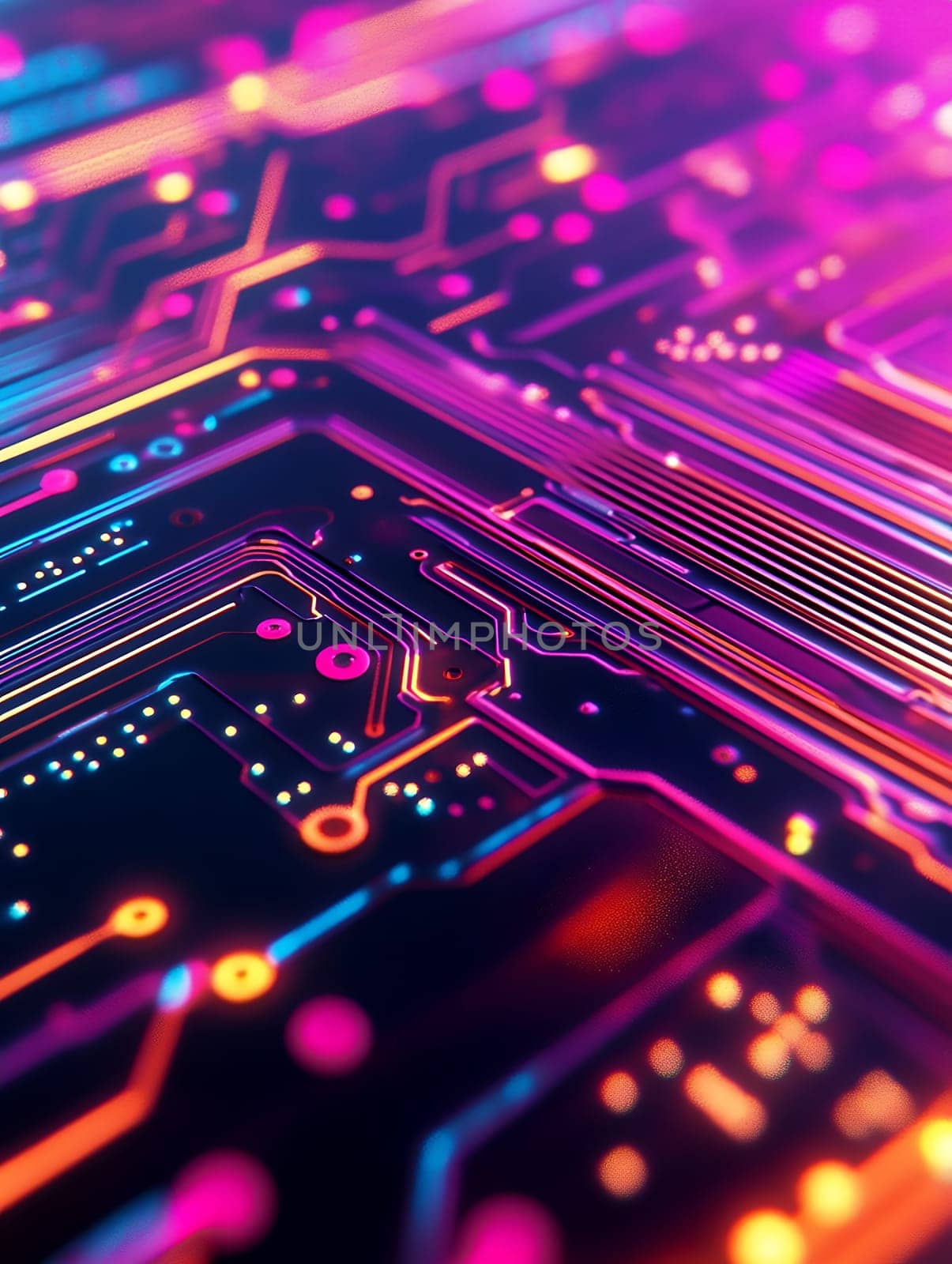 Vibrant pink and blue circuit board with detailed electronic pathways and connections, creating a futuristic technological pattern.