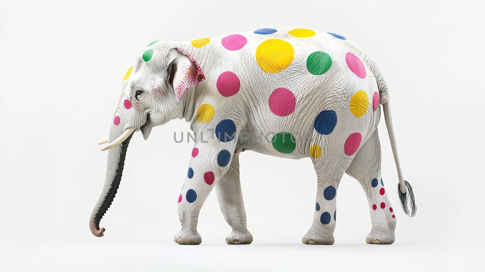 A captivating photoshoot featuring a real elephant adorned with vibrant, colored spots against a clean white background. This unique image showcases the elephant’s natural beauty combined with artistic, colorful accents, creating a playful yet majestic effect.