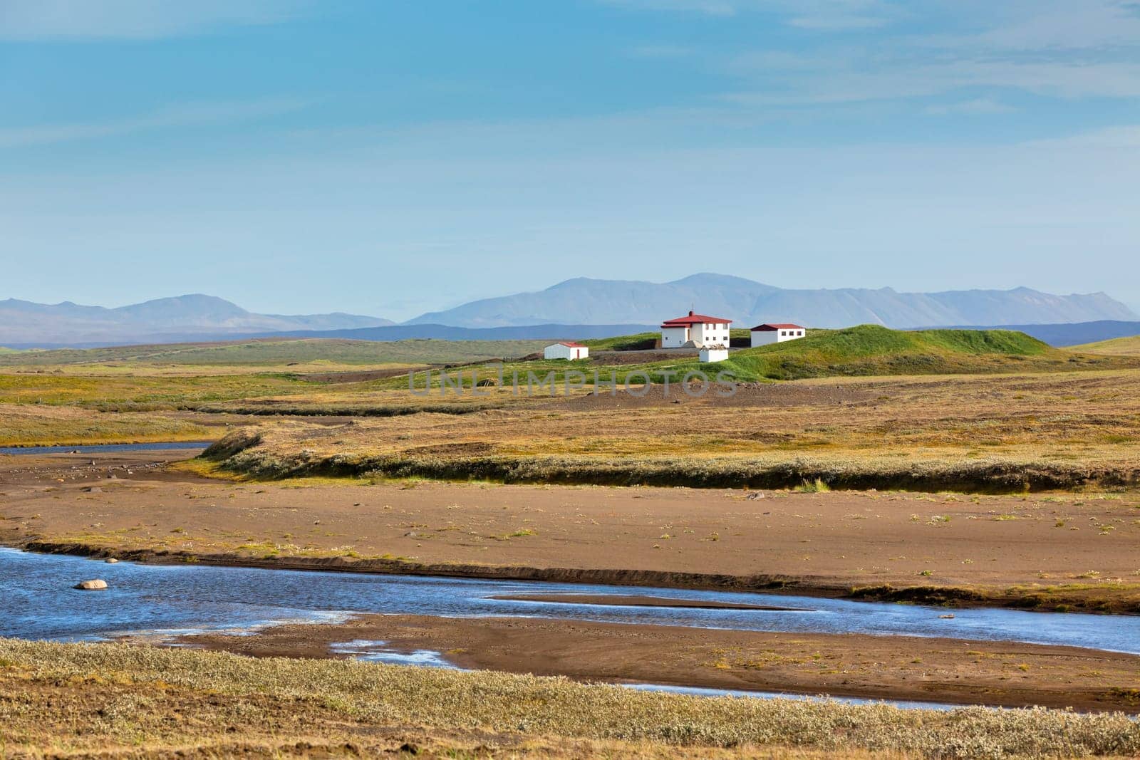 Summer Iceland Landscape with River, Mountains and White Farmhouse