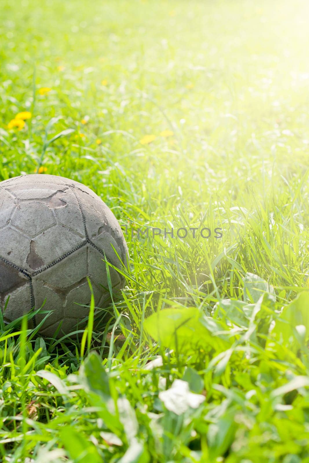 Old soccer ball forgotten in the green grass field. The football concept