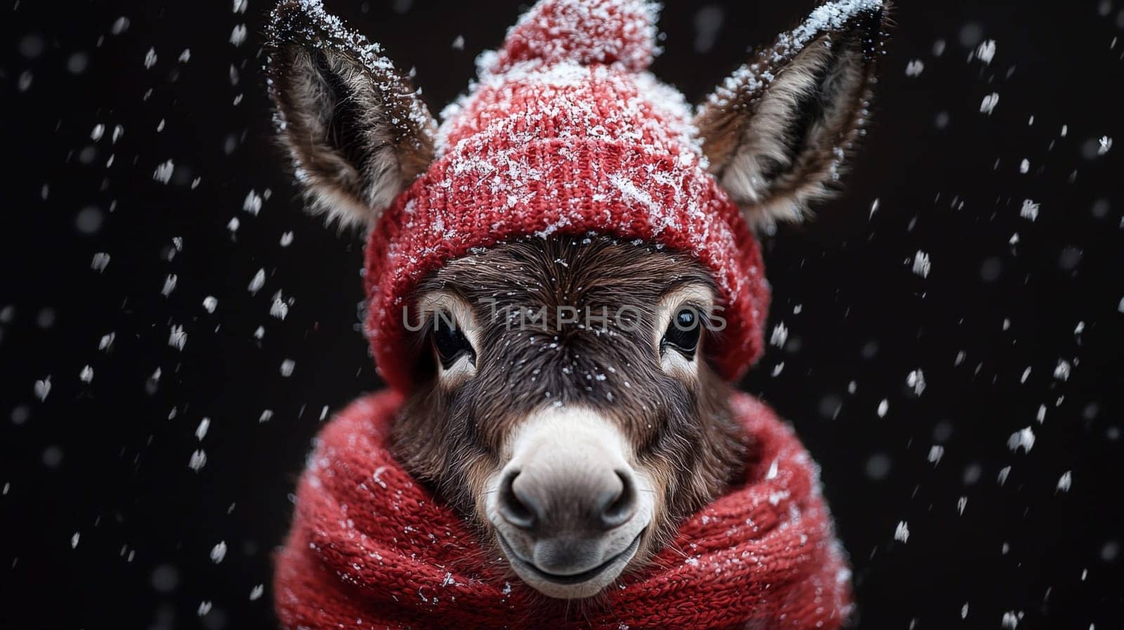 This charming image features an adorable donkey dressed in a red scarf and a playful hat, surrounded by gently falling snowflakes. The scene is set against a backdrop of black pine trees, creating a magical Christmas atmosphere. The contrast between the donkey's vibrant attire and the dark forest enhances the whimsical holiday spirit, making it a delightful depiction of winter cheer.