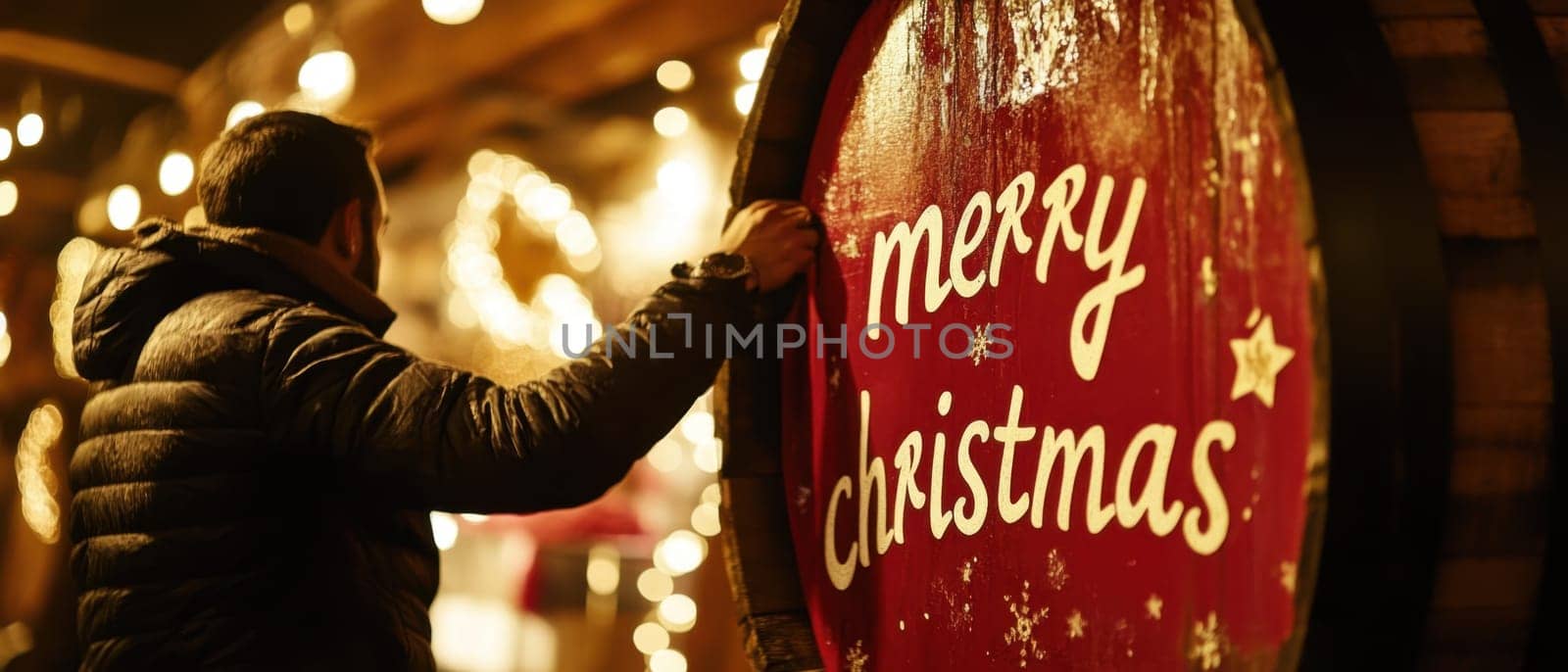 A man stands close to a large festive sign wishing Merry Christmas at a holiday market adorned with twinkling lights during the evening.