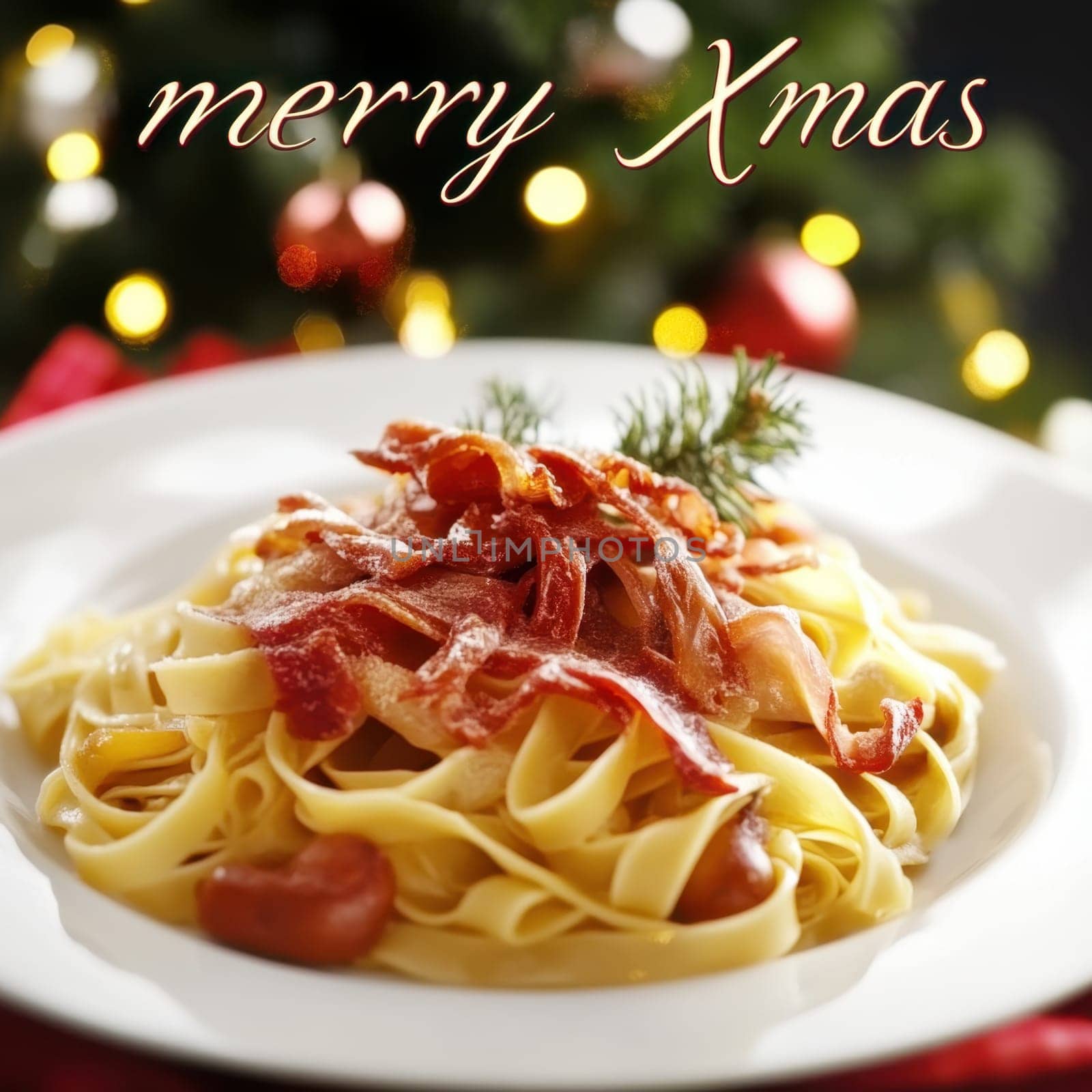 A delicious plate of fettuccine topped with crispy bacon placed on a festive table with Christmas decorations in the background.