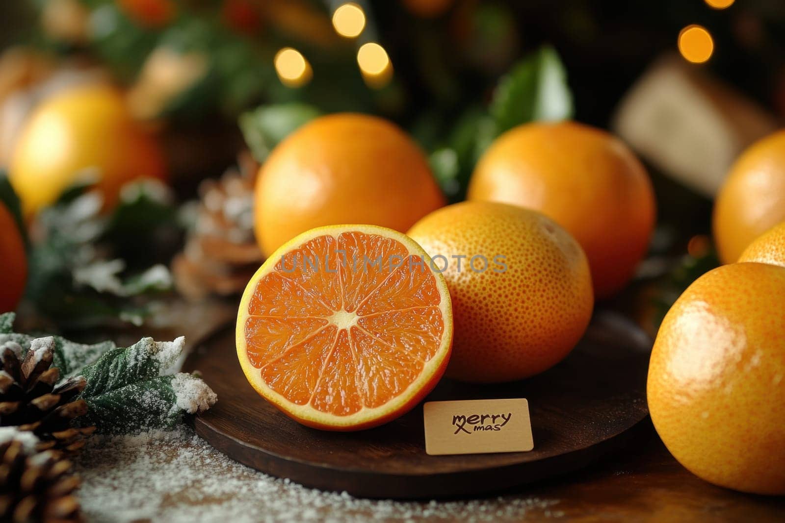 Juicy oranges are placed on a rustic table surrounded by pine cones and festive decorations capturing a cozy winter vibe.