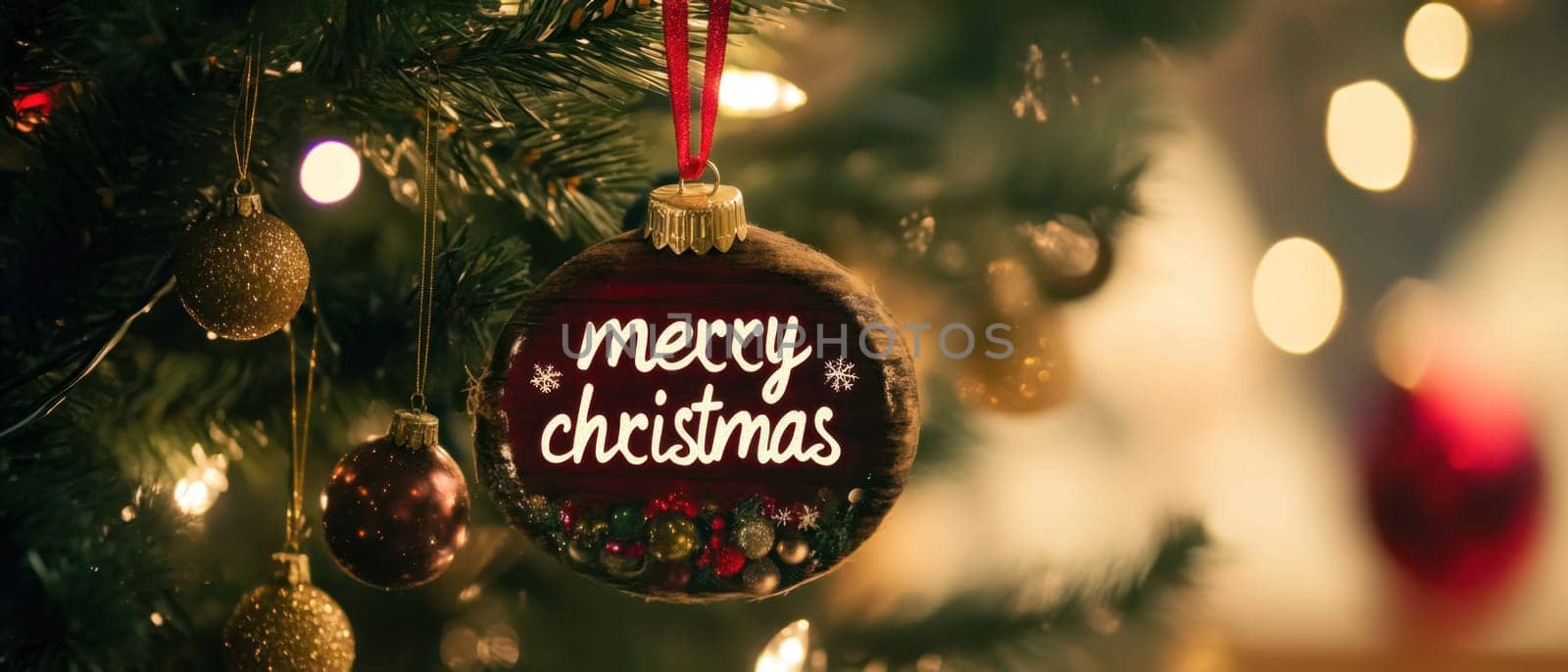 A beautifully crafted ornament reading mercy Christmas hangs from a lush green Christmas tree adorned with twinkling lights.