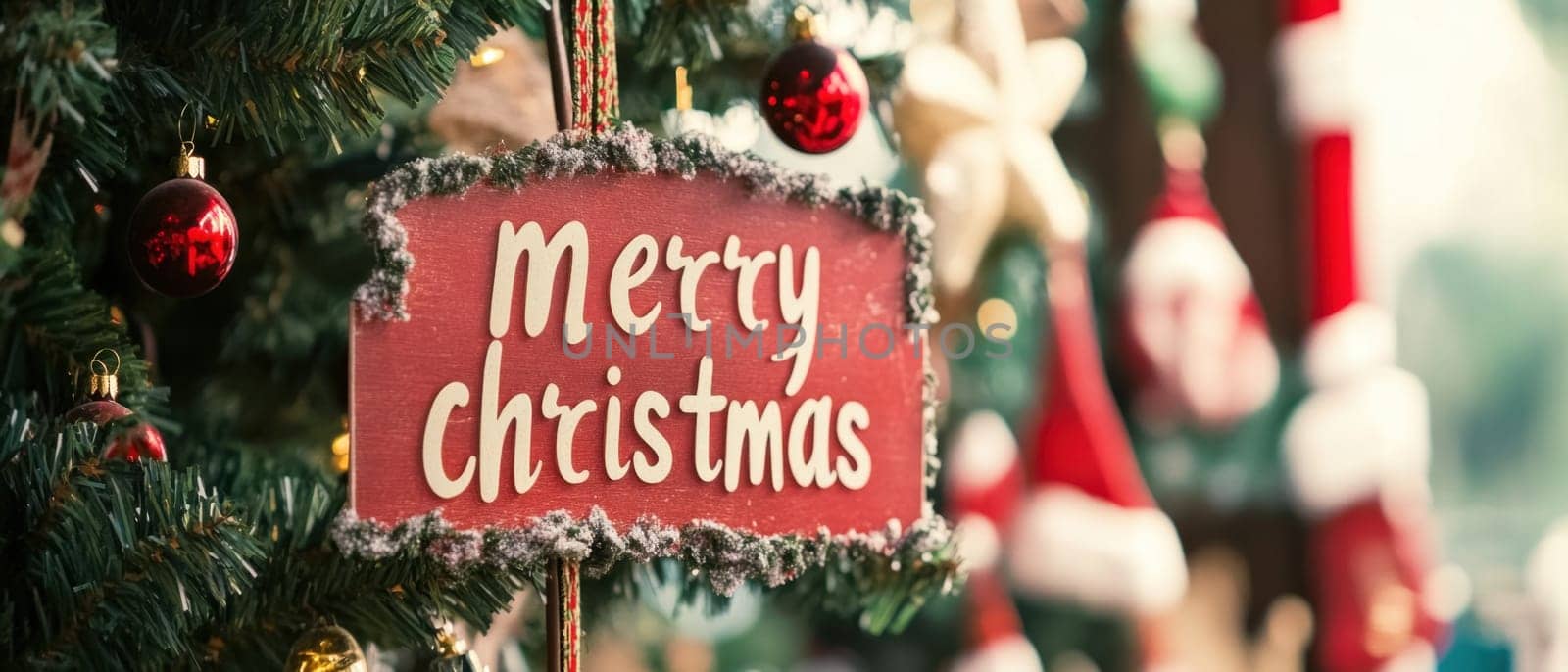 A cheerful decoration featuring a Merry Christmas sign hanging from a beautifully decorated tree adorned with ornaments.