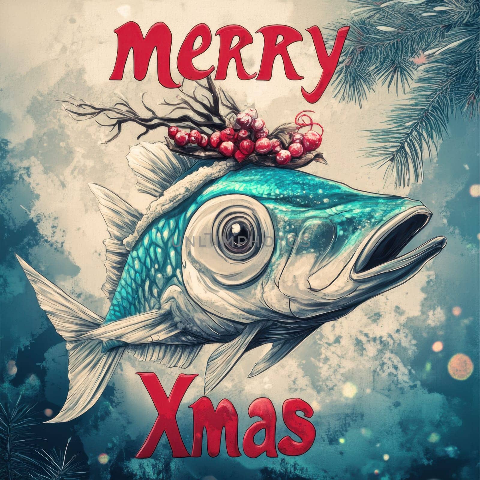 A colorful fish adorned with festive elements celebrates Christmas featuring bright colors and a joyful atmosphere.