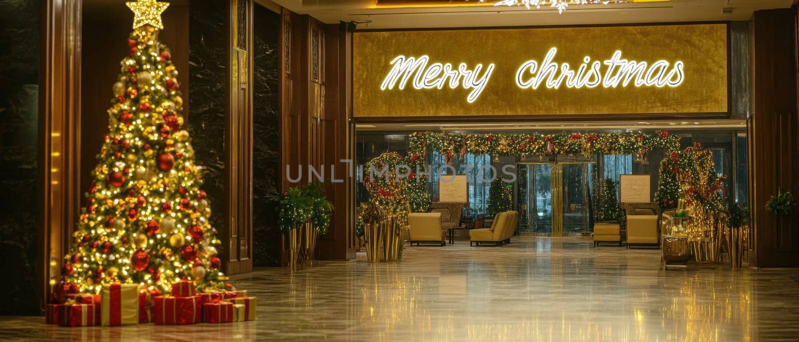 A beautifully decorated hotel lobby features a large Christmas tree and a glowing holiday message creating a warm festive atmosphere.