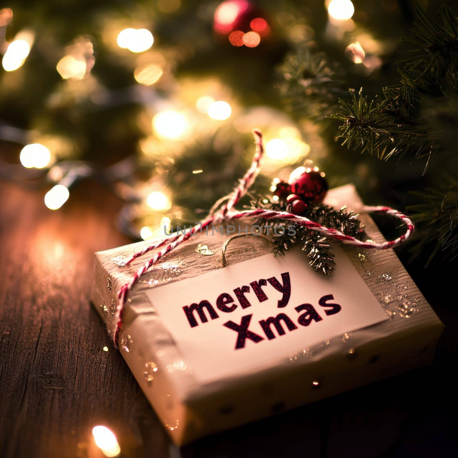 A beautifully wrapped gift sits beneath a Christmas tree adorned with twinkling lights and festive decorations embodying the holiday spirit.