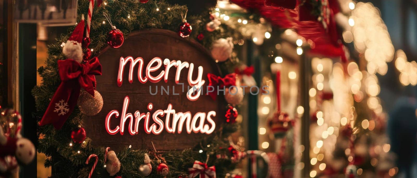 A cheerful display features a Merry Christmas sign adorned with festive decorations creating a warm holiday atmosphere in a bustling market.