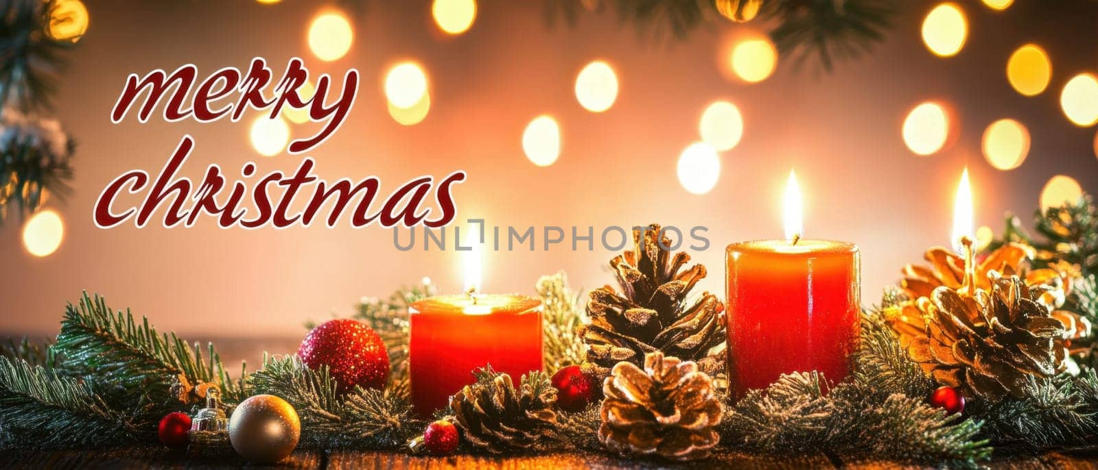 Festive candles glow among pinecones and ornaments creating a cozy atmosphere for the Christmas celebration.