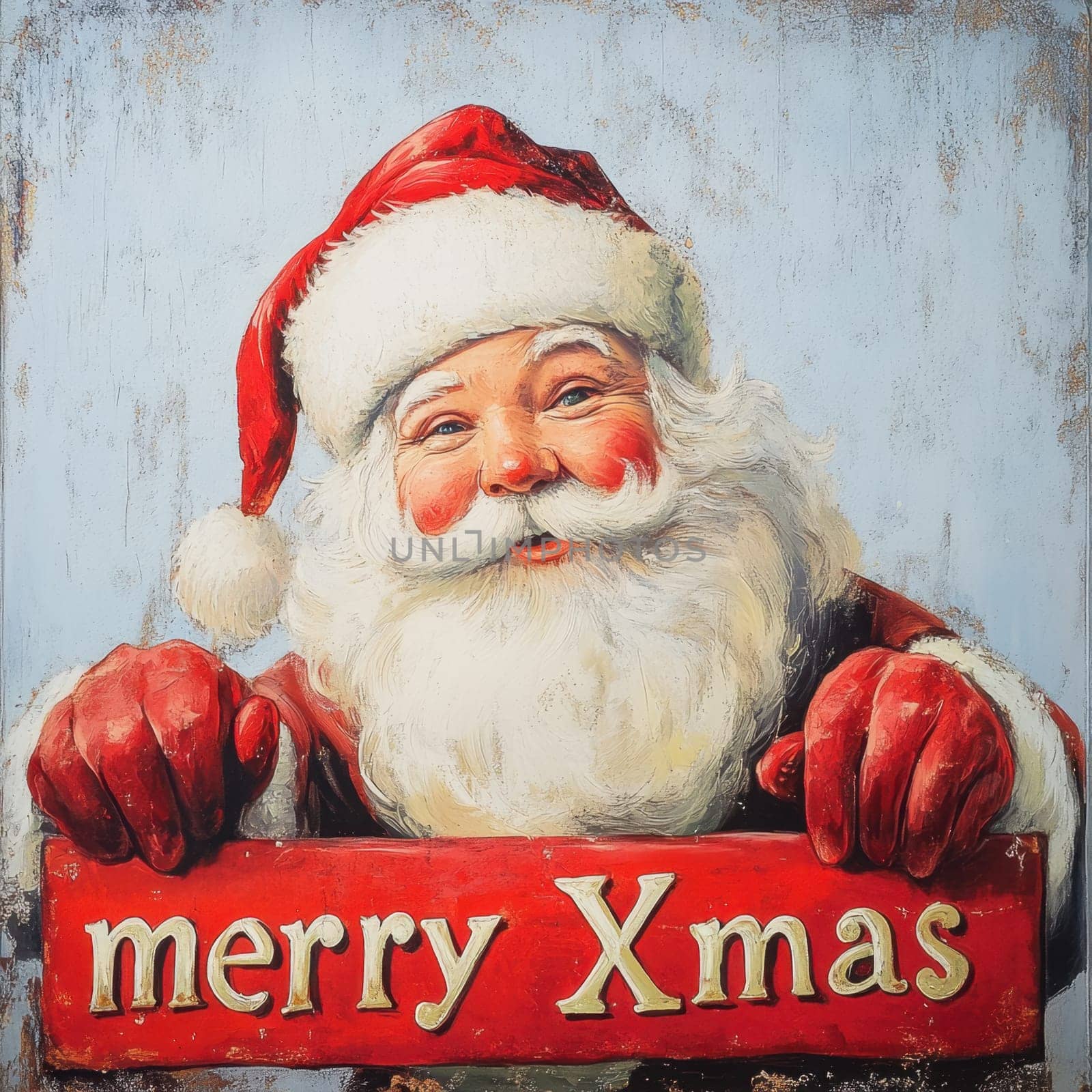 A cheerful Santa Claus with a white beard and red outfit holds a festive sign that says Merry Christmas while smiling warmly.