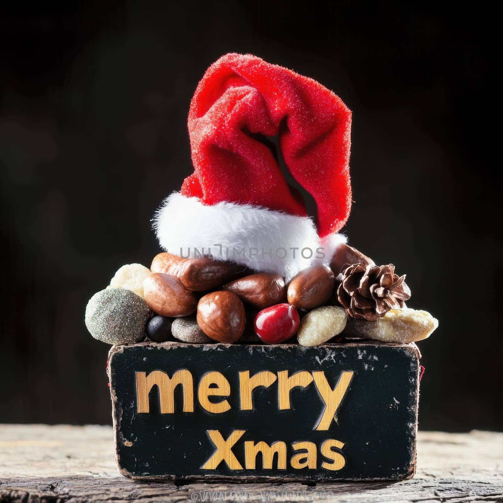 A joyful display of pebbles and nuts topped with a red Santa hat and a cheerful sign wishing Merry Xmas in the holiday spirit.
