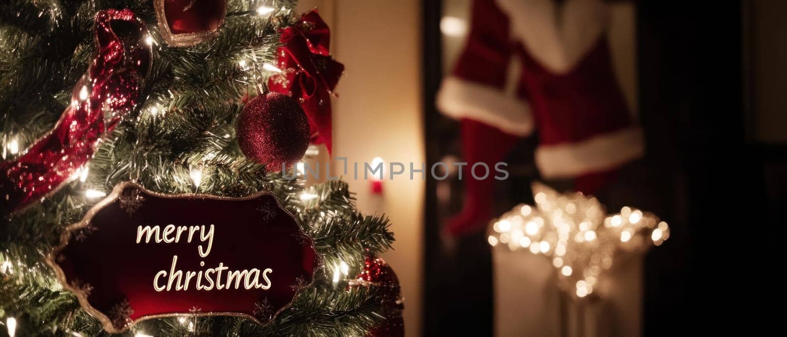 A beautifully decorated Christmas tree shines with lights in a warm room while holiday stockings hang near a glowing fireplace.