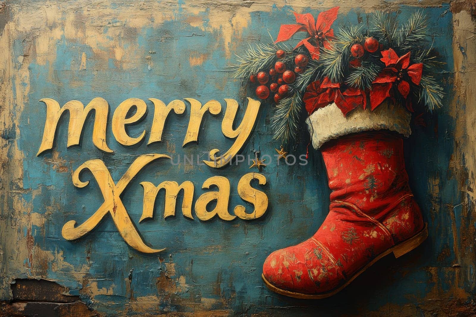 A vibrant red boot adorned with green foliage and berries showcases a joyful Merry Xmas greeting against a textured background.