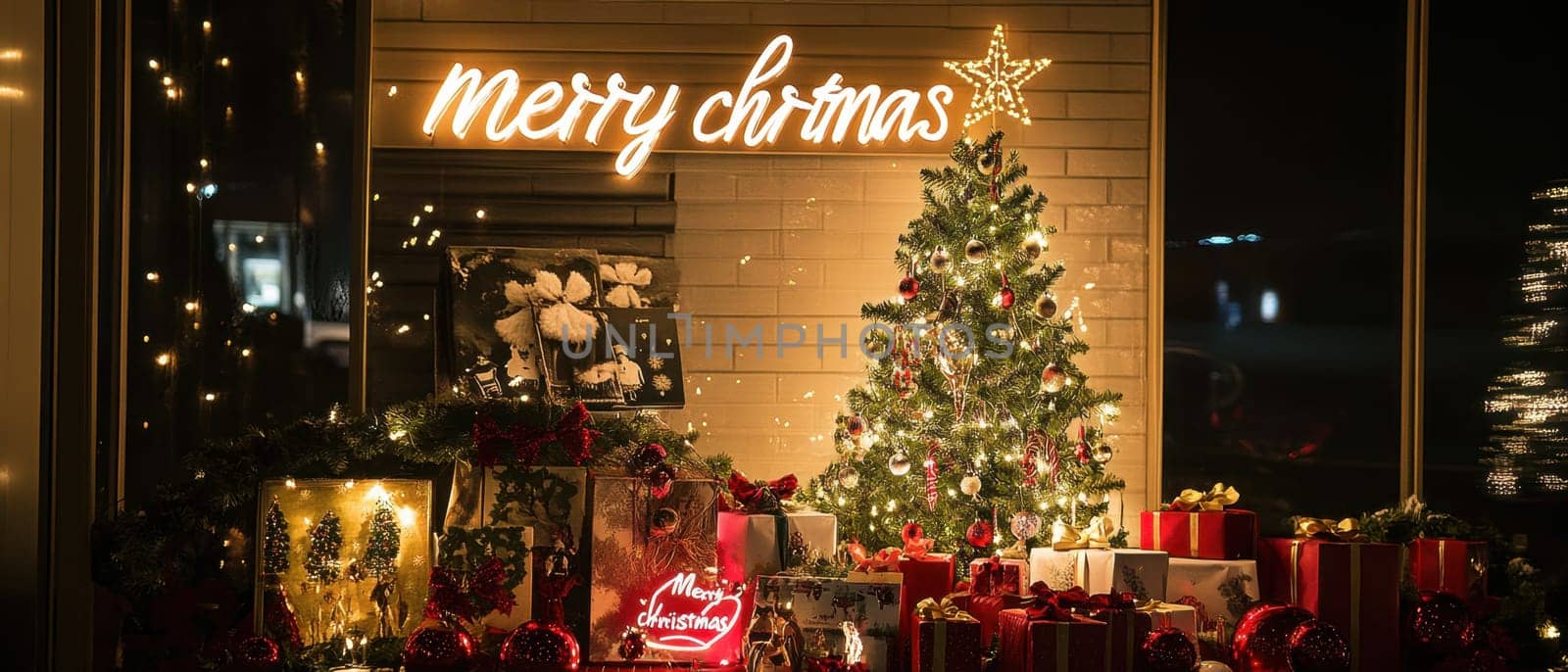 A holiday display featuring a Christmas tree presents and cheerful decorations illuminated with warm lights creating a joyful atmosphere.