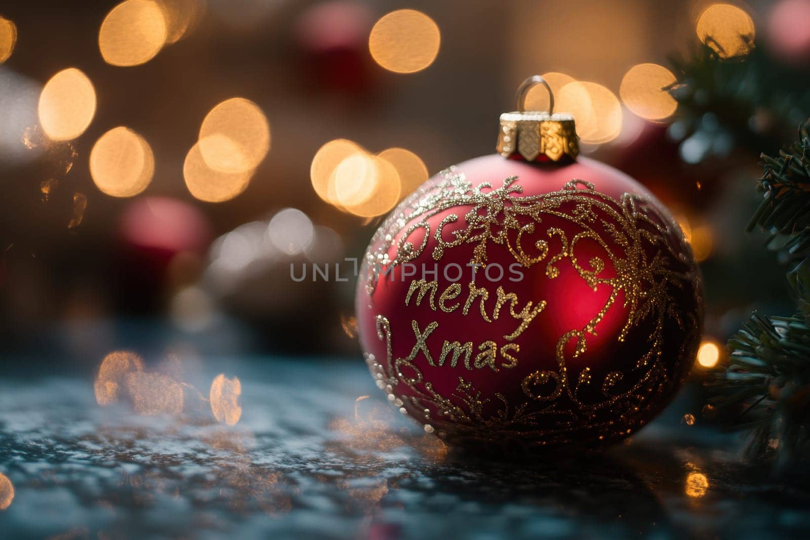A vibrant red ornament adorned with golden lettering rests on a surface surrounded by soft lights and festive decorations during Christmas.