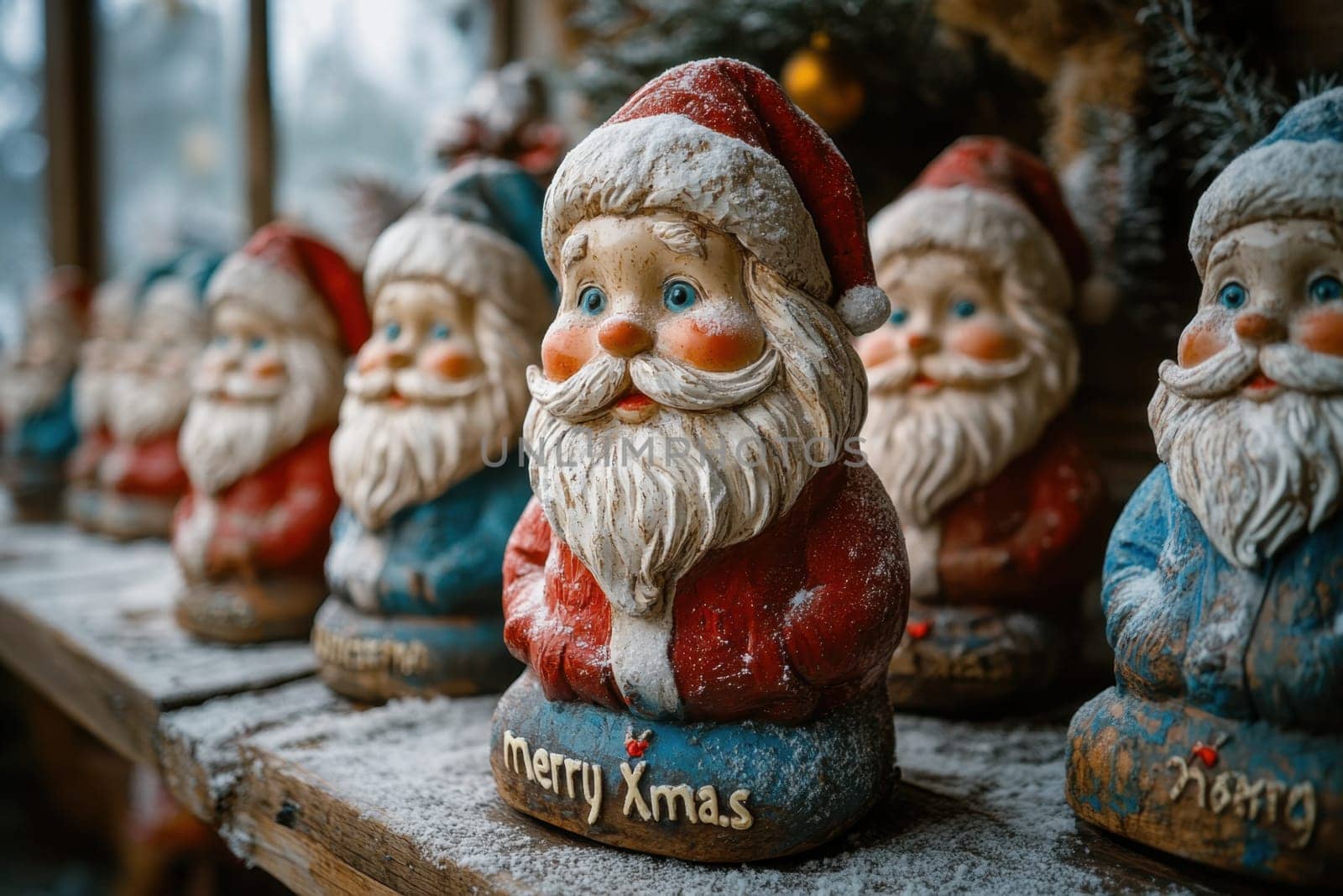 A collection of charming Santa figurines is showcased capturing the spirit of Christmas with snow dusted details and warm colors.