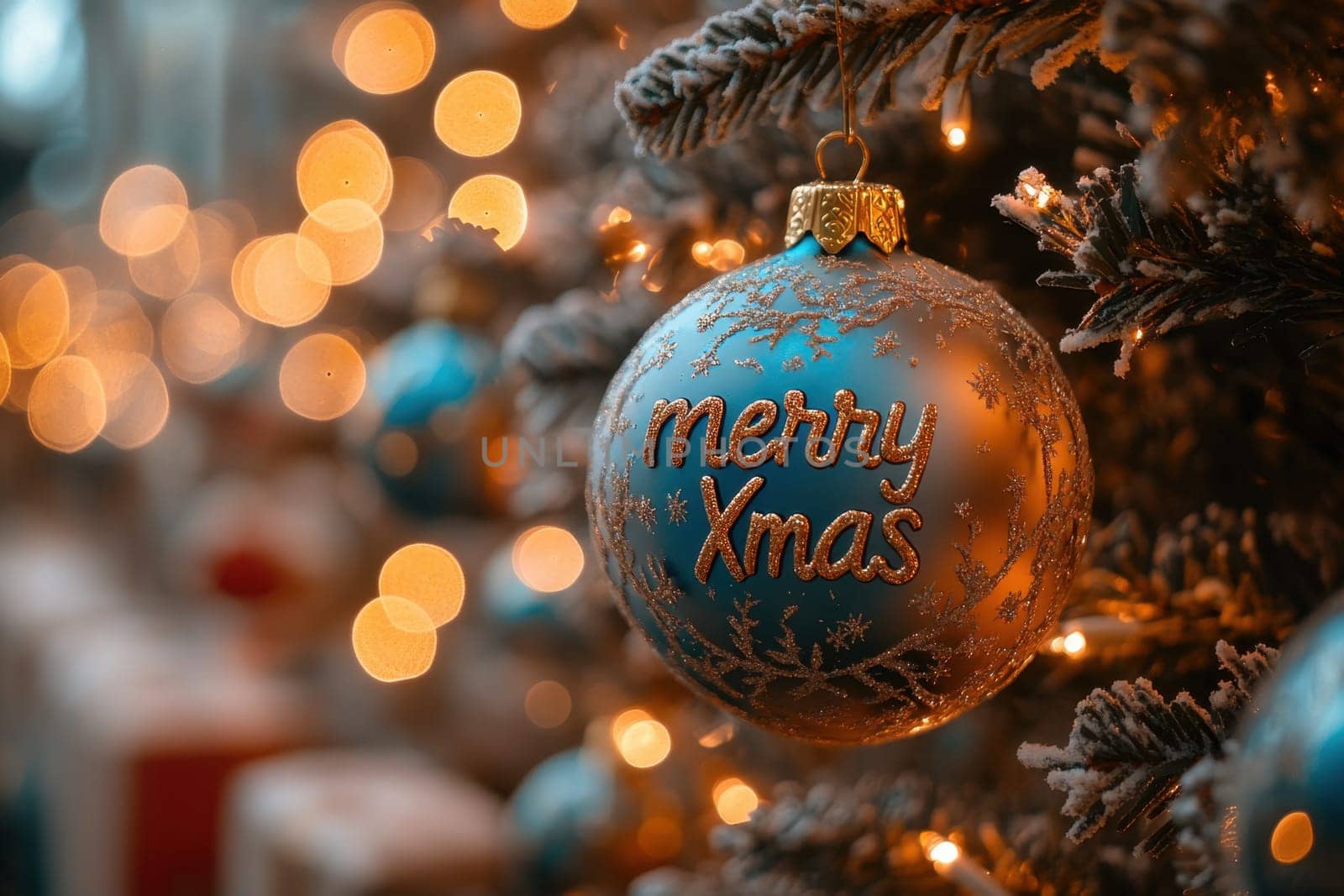 A vibrant blue ornament with festive lettering decorates a beautifully adorned Christmas tree glowing with warm lights and holiday cheer.