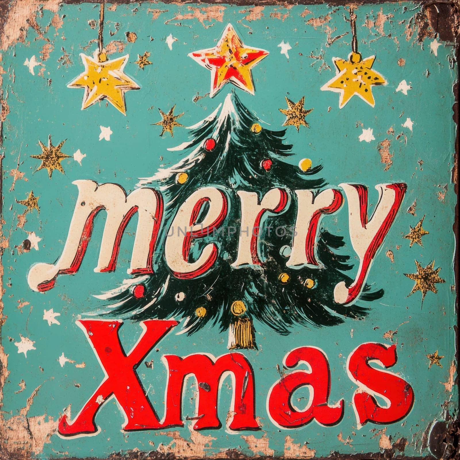 The vibrant holiday sign features a colorful tree adorned with stars conveying a cheerful message to celebrate Christmas.