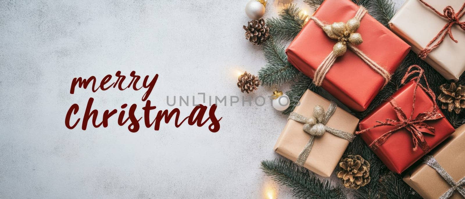 A cozy arrangement of beautifully wrapped gifts alongside pinecones and decorative elements celebrating the Christmas spirit.