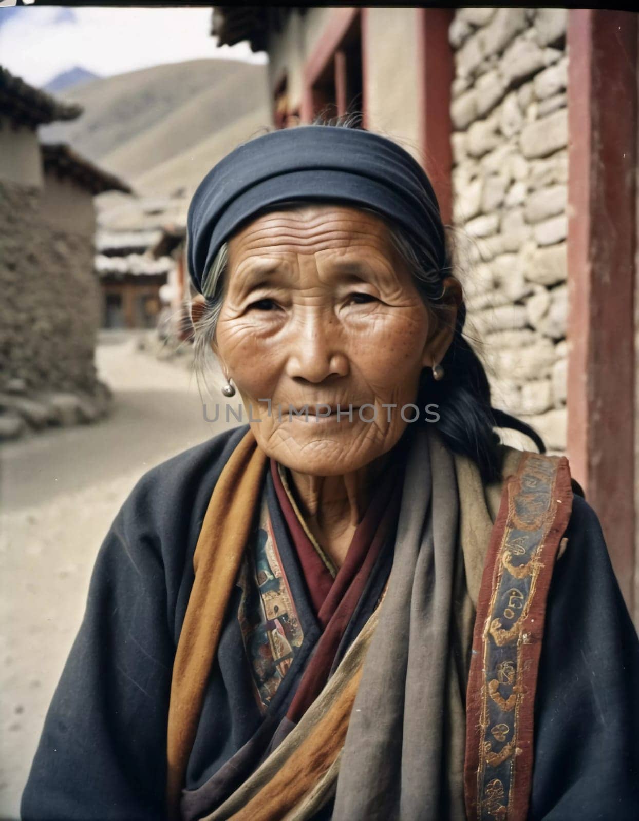 A Tibetan elderly woman 70 years old in traditional garments gazes warmly, showcasing wisdom and resilience against a backdrop of aged wood and rustic colors that reflect her heritage. Generative AI.