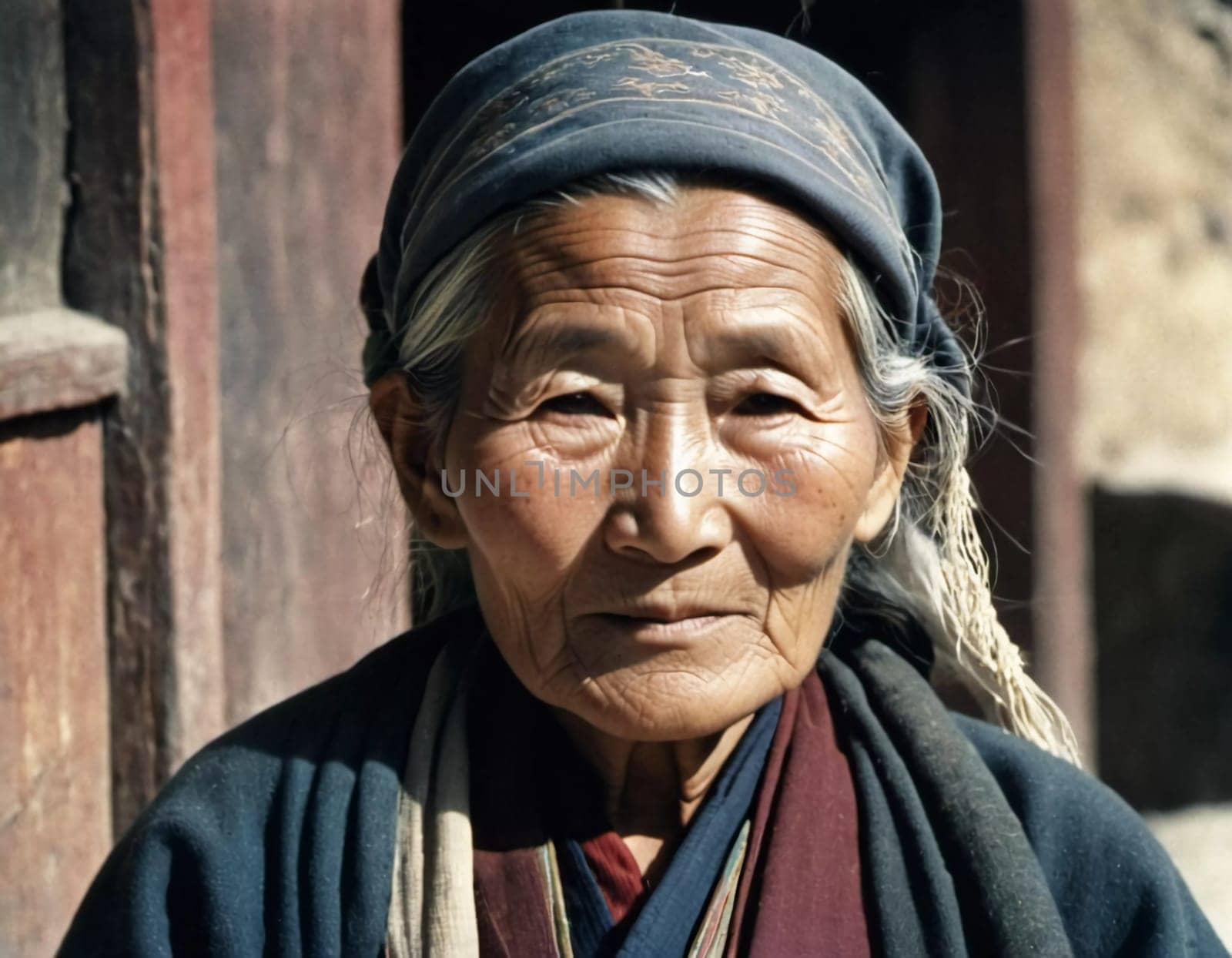 A Tibetan elderly woman 70 years old in traditional garments gazes warmly, showcasing wisdom and resilience against a backdrop of aged wood and rustic colors that reflect her heritage. Generative AI.