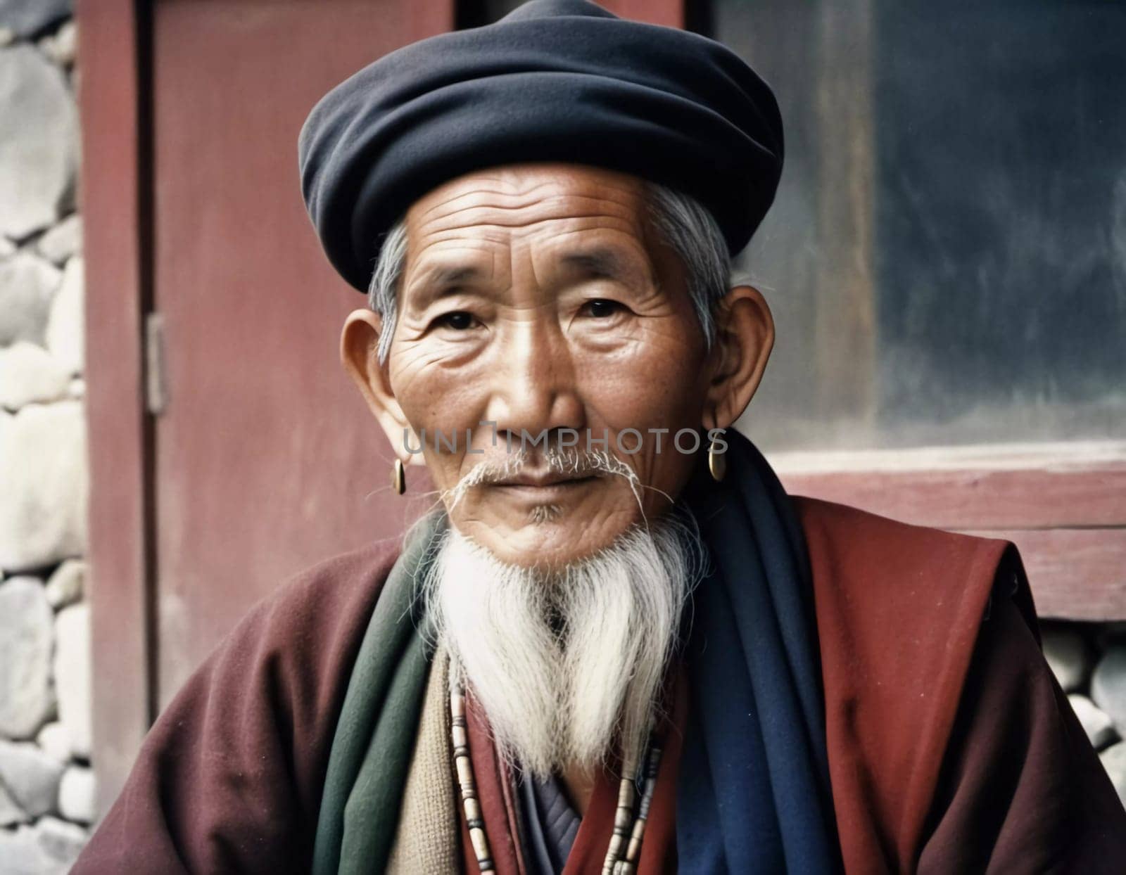 A traditional elderly Tibetan man 70 years old with a distinct features poses against a rustic background, reflecting his rich cultural identity and heritage. Wise serious direct gaze. Generative AI.