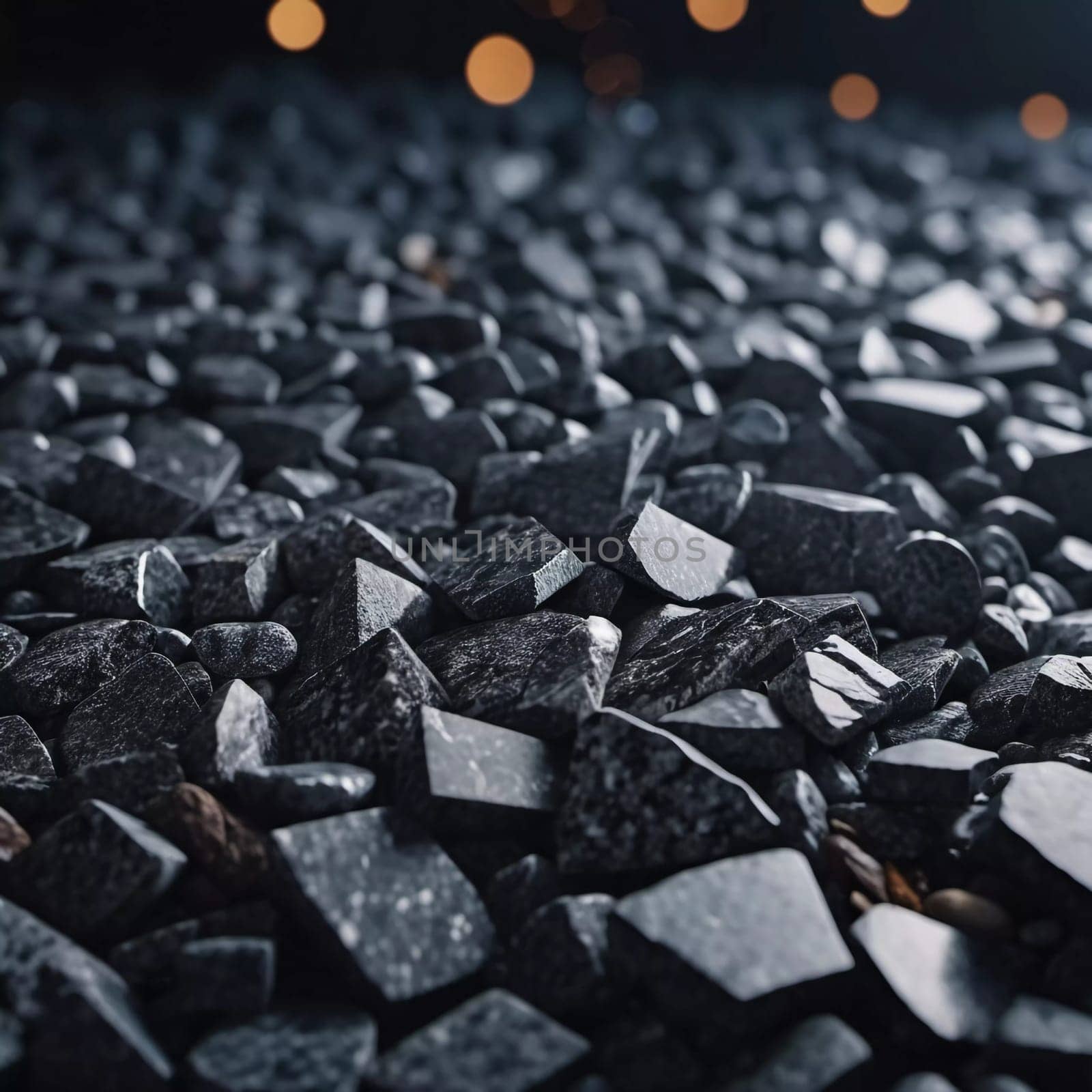 Intricate patterns of dark granite chips, illuminated by subtle lighting that creates a calm and elegant atmosphere. The black crushed mineral sparkles. Bokeh or drops. Generative AI.
