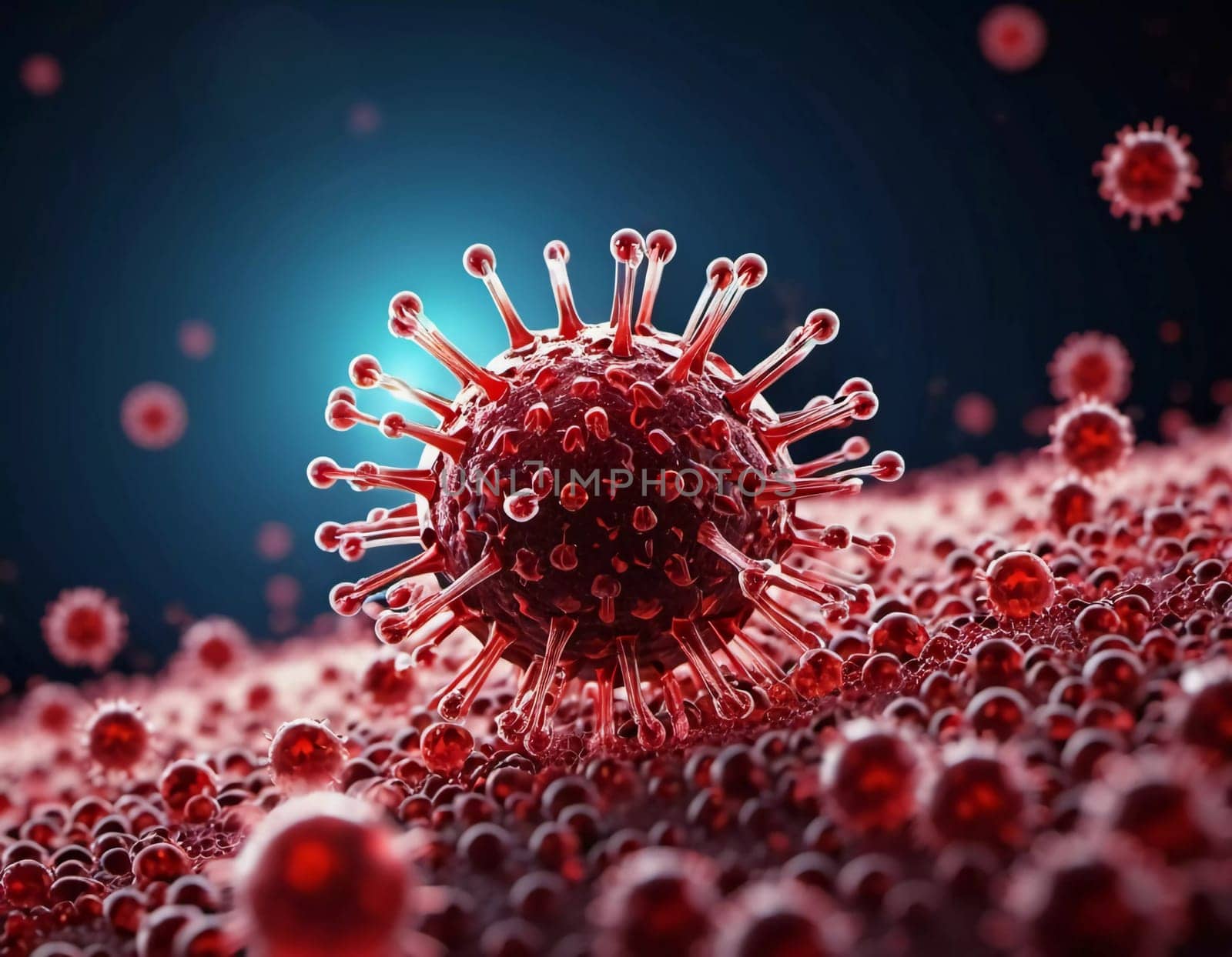 A vivid visualization of HIV, showcasing multiple virus particles. The intricate structures are highlighted against dark background, emphasizing their complexity. Virology as a science. Generative AI.