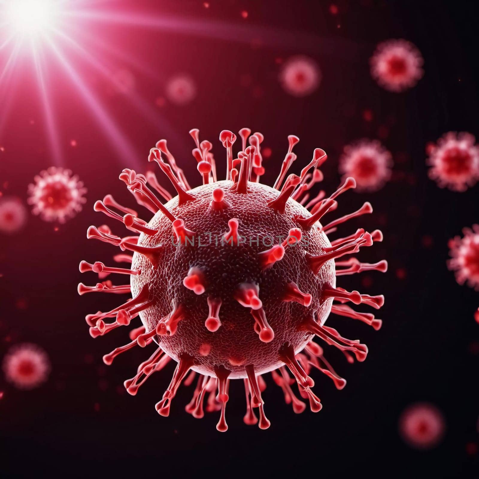 A vivid visualization of HIV, showcasing multiple virus particles. The intricate structures are highlighted against dark background, emphasizing their complexity. Virology as a science. Generative AI.