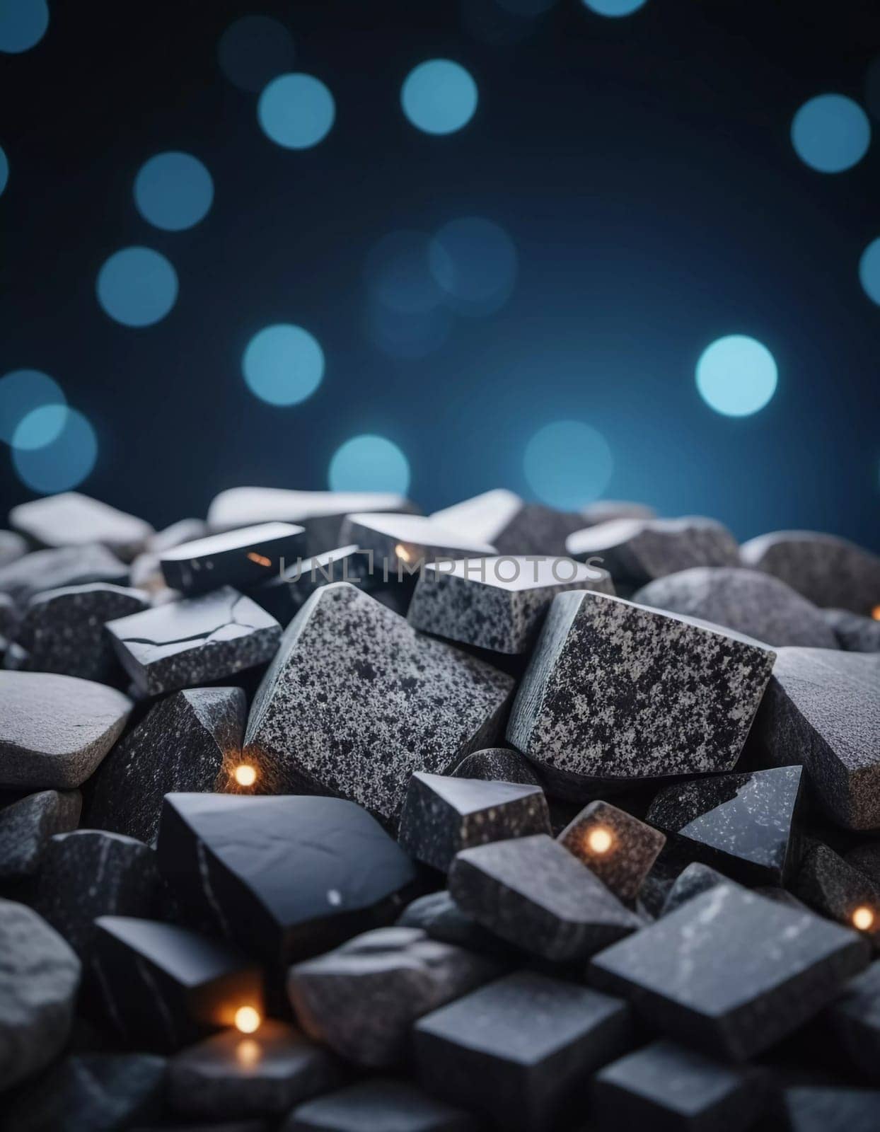 Intricate patterns of dark granite chips, illuminated by subtle lighting that creates a calm and elegant atmosphere. The black crushed mineral sparkles. Bokeh or drops. Generative AI.