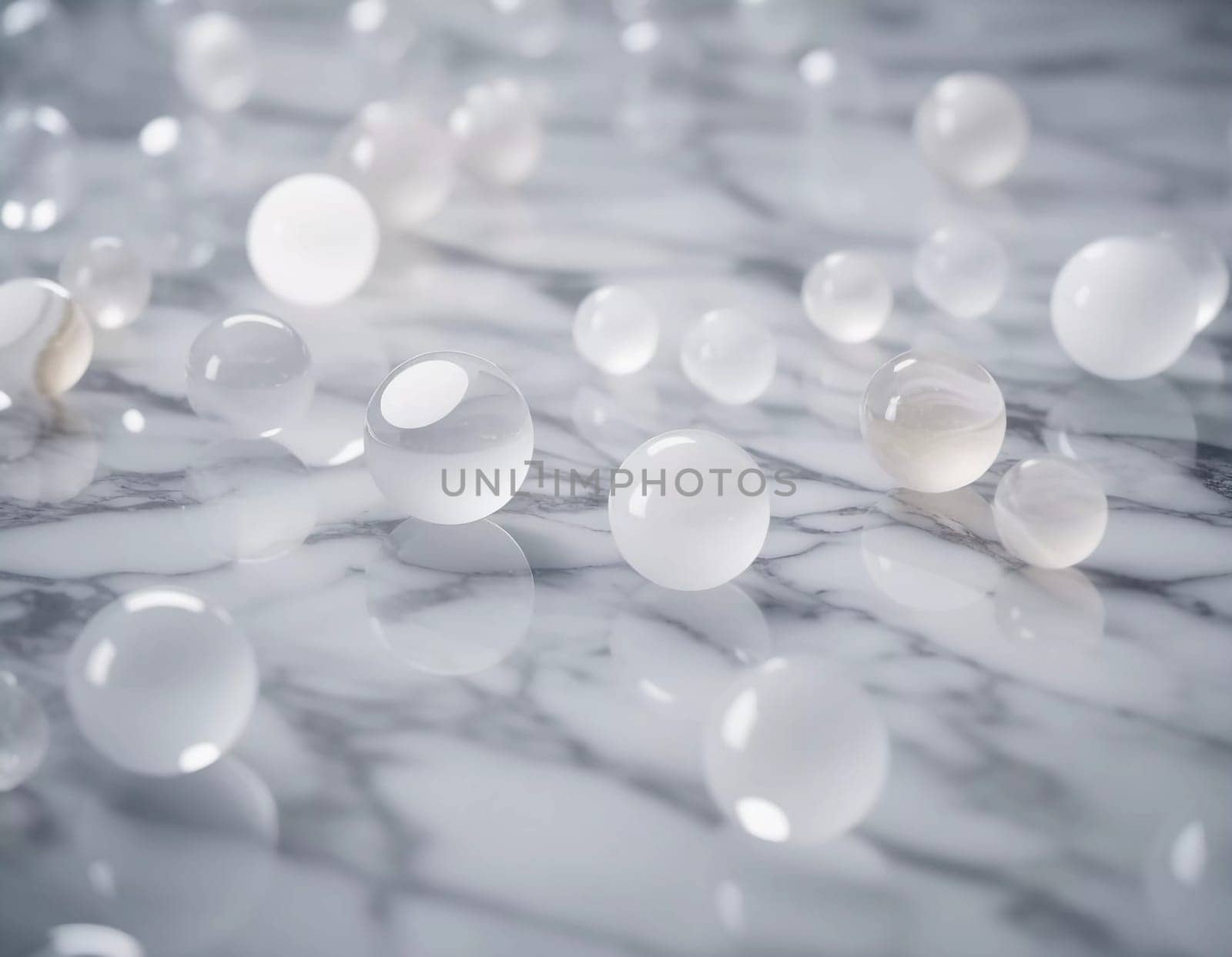 Translucent glass spheres are positioned across a glossy marble surface reflecting light and creating a captivating play of textures and shadows in the environment. Abstract background. Generative AI.