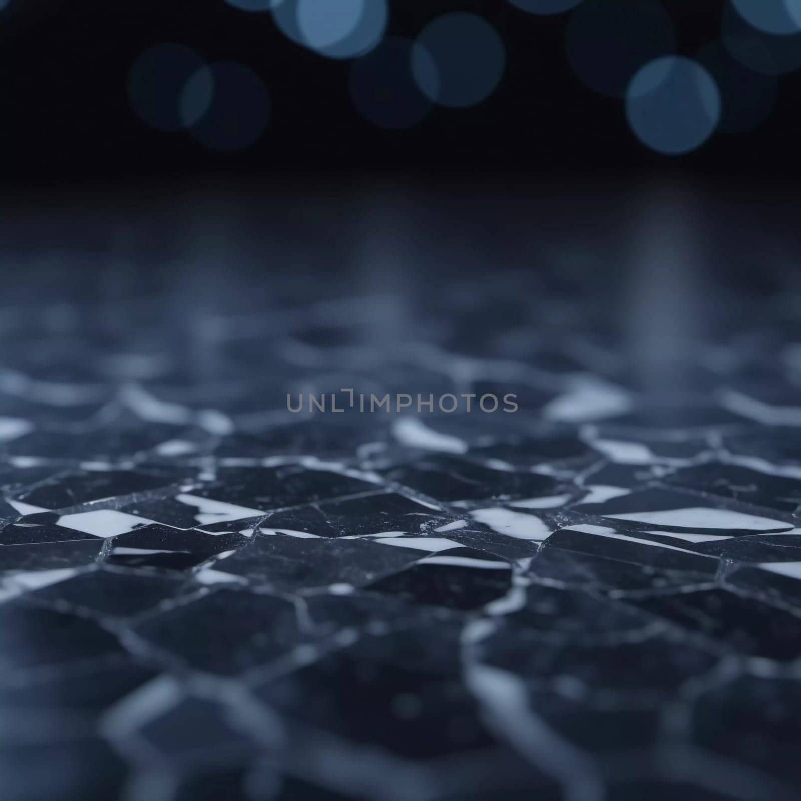 Intricate patterns of dark granite chips, illuminated by subtle lighting that creates a calm and elegant atmosphere. The black crushed mineral sparkles. Bokeh or drops. Generative AI.